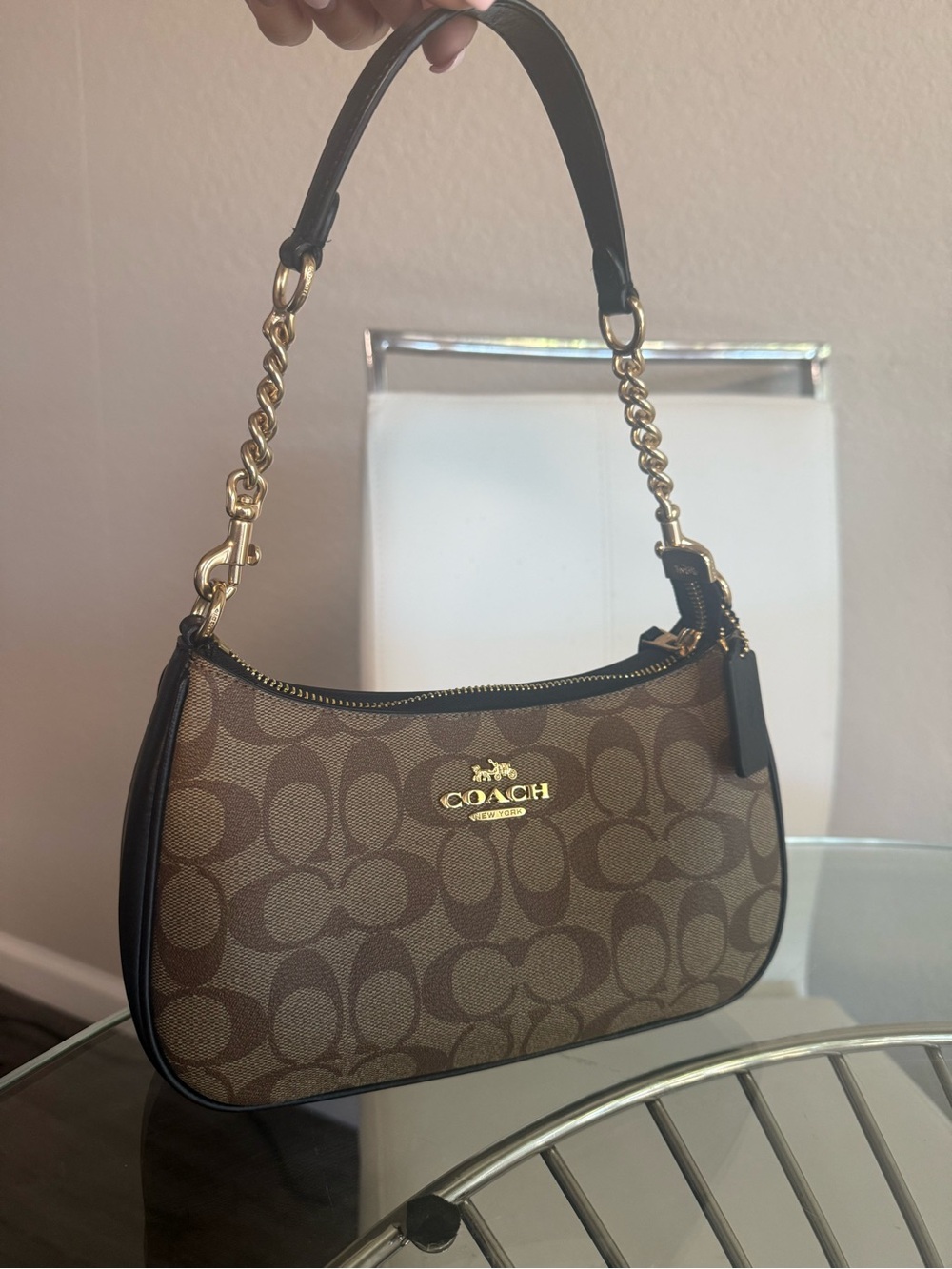 Coach Brown Signature Canvas Shoulder Bag with Black Trim and Gold Hardware
